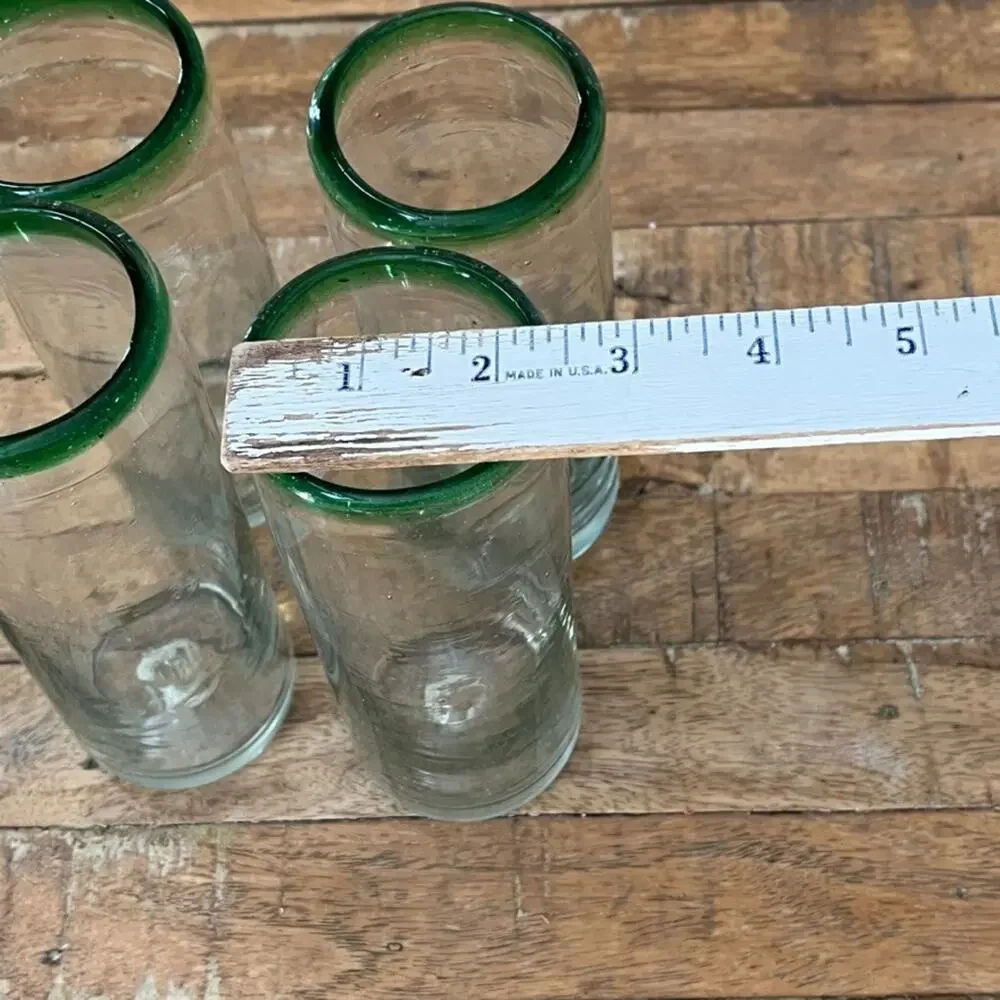 Hand Blown Mexican Green Rim Highball Glass Tumblers 7